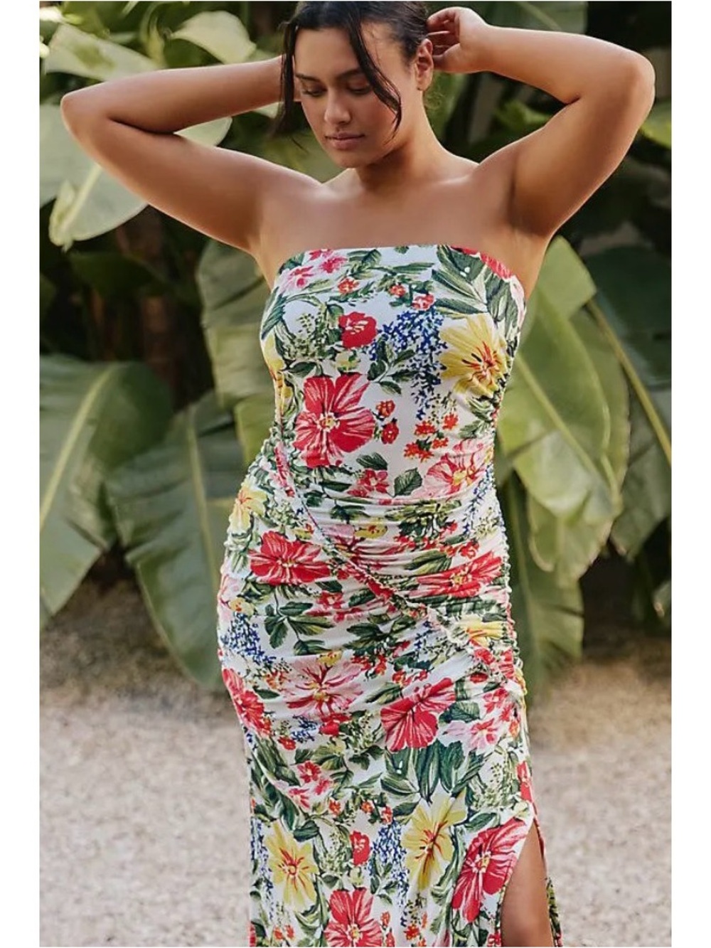 Floral Strapless Ruched Maxi Dress - White Multi